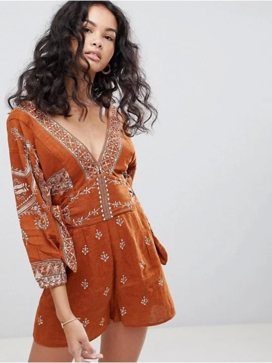 NWT Free People Azalia Boho Embroidered V-Neck Shorts Romper in Chocolate Brown - Picture 11 of 12